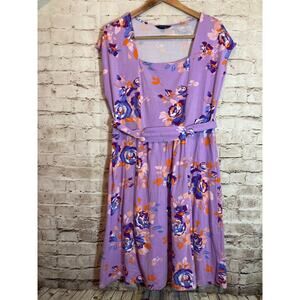 Land's End Dress Womens XL Purple Floral A Line Square Neck Stretch Cotton